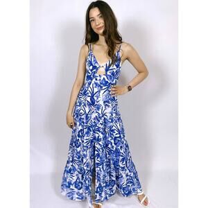 JardinVue Floral Maxi Dress Cobalt Blue Womens Medium Sleeveless V Neck New